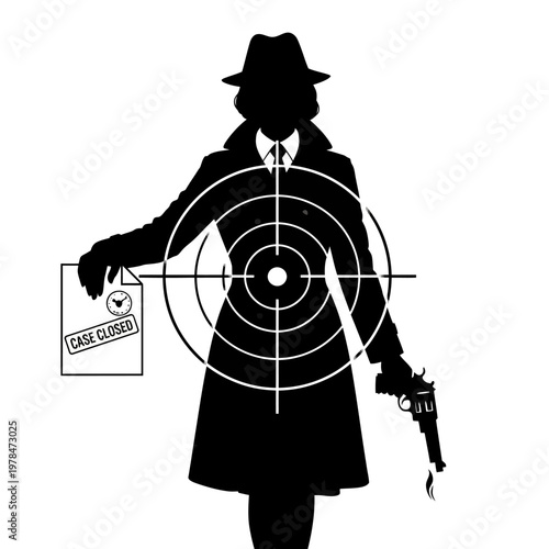 Silhouette of a Female Detective with Gun and Closed Case.