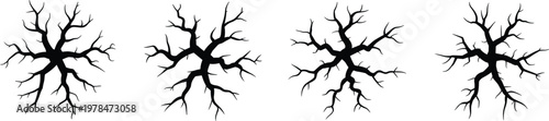 Dry bare tree branch silhouette vector set, black leafless winter plants for gothic halloween decor, nature