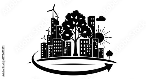 City Skyline with Wind Turbines.