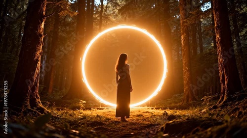 Woman in forest with glowing circle