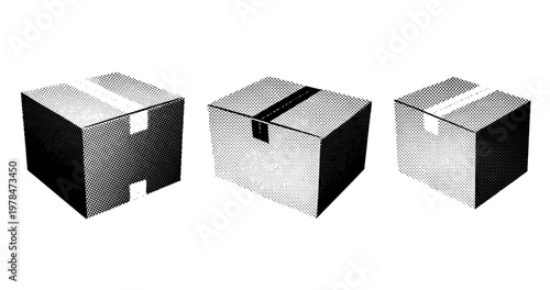 Three cardboard boxes displayed isolated on white background. not ideal dots