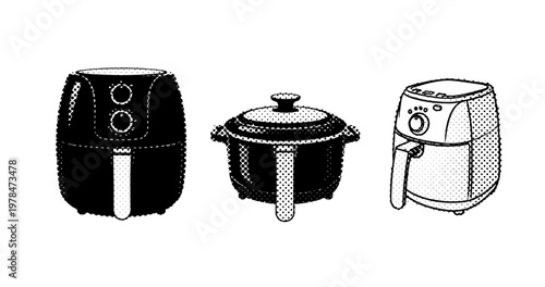 Kitchen appliances with air fryer and cooking pot on white. not ideal dots