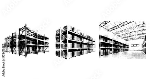 Industrial warehouse shelving shown in empty storage interior. not ideal dots