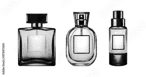 Perfume bottles arranged upright on white background. not ideal dots