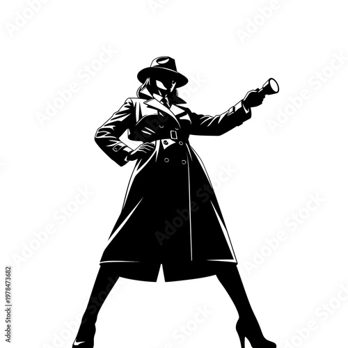 Silhouette of a mysterious woman detective in trench coat.