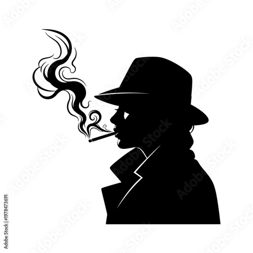 Silhouette of a Mysterious Man Smoking a Cigarette in Shadow.