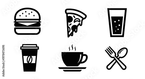 Food and drink icons on white.