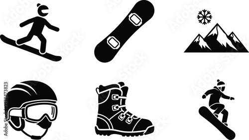 Snowboarding icons including snowboarders mountains boots and helmet vector