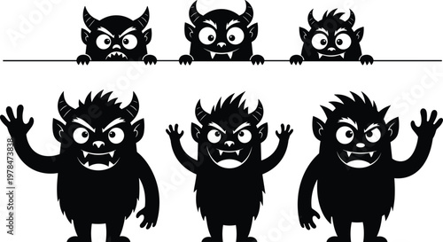 Three black cartoon monsters with horns and fangs peeking over a line and three standing monsters waving