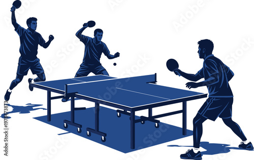 Three men playing table tennis with paddles and ball on a blue table ping pong sport