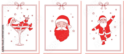 Three red line art illustrations of Santa Claus in festive poses with stars and bows
