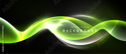 Abstract neon waves, vibrant green glow, dark background. Smooth curves create dynamic visual effect. Modern design element.