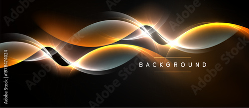Dynamic orange lines flow across dark backdrop. Bright light emanates from center, creating modern visual effect. Smooth curves suggest movement.