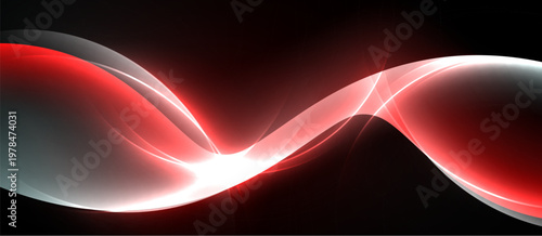 Abstract red, silver waves flow across black background. Smooth curves create dynamic visual impact. Brightness contrasts sharply.
