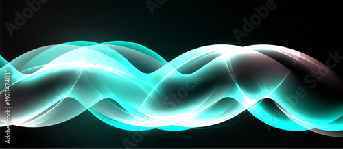 Abstract waves, teal glow, dark background. Smooth curves create dynamic visual effect. Light reflects, shadows define form.
