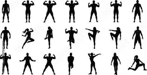 Black silhouette collection of bodybuilders and fitness athletes posing, flexing muscles, and exercising for gym branding, bodybuilding competitions, weightlifting, and healthy lifestyle design.