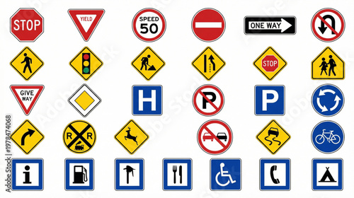Collection of various traffic and road signs on a white background for educational and informational purposes