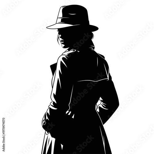 Silhouette of a mysterious woman in a trench coat and hat.
