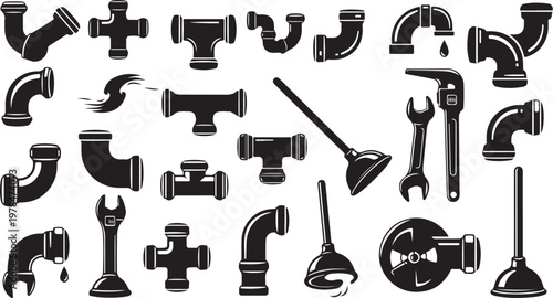 Plumbing tools and pipes in black and white illustration set