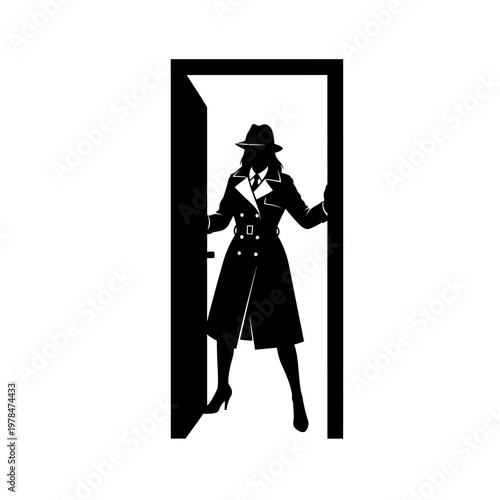 Silhouette of a Mysterious Woman in Trench Coat and Hat.
