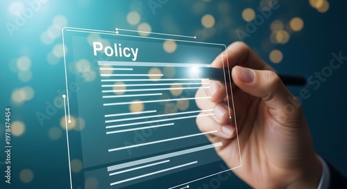 Policy implementation compliance hand writing on digital policy document