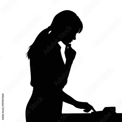 Silhouette of a Pensive Woman Using a Calculator.