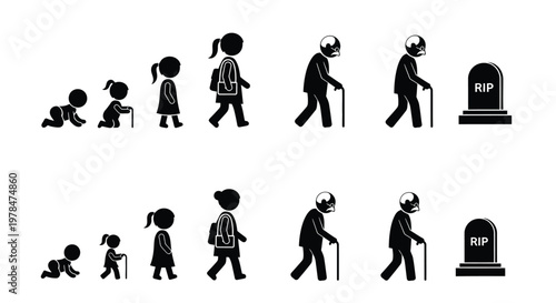 A visual depiction of the human life cycle from infancy to death shown in silhouette