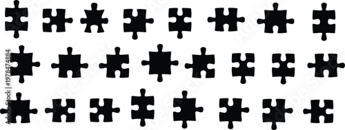 Jigsaw puzzle piece silhouette collection set, black logic game elements for business solution isolated vector illustration