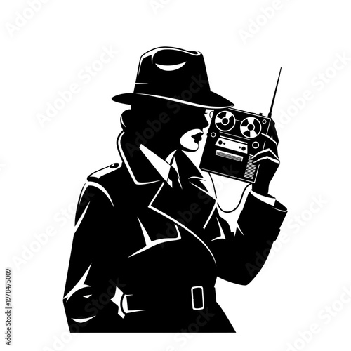 Silhouette of a Spy Listening to a Radio.