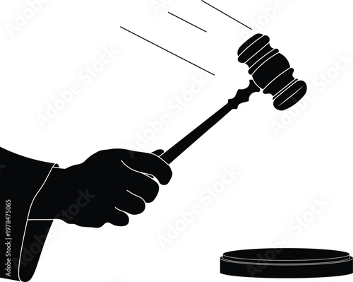 Silhouette of a judge's hand lowering a gavel. Hand holding a gavel silhouette vector