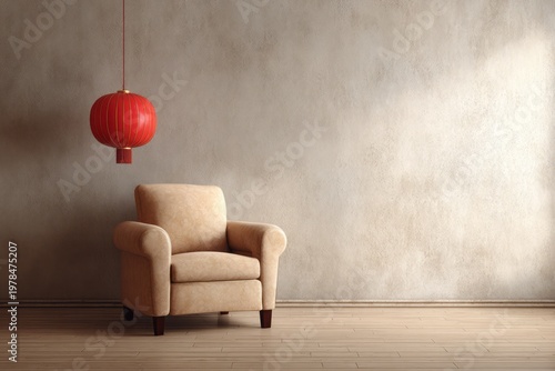 A solitary chair and red lantern in a room.