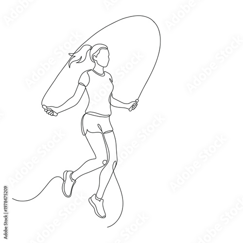 Minimal line art illustration of woman jumping rope. Fitness workout and healthy lifestyle concept in simple outline style. Perfect for sport, exercise and wellness design