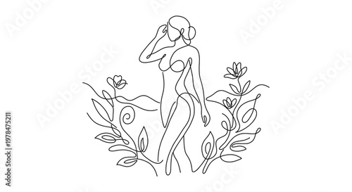 Minimal continuous line art illustration of a female body surrounded by abstract nature elements. Concept of feminine beauty, body positivity, self love and natural harmony, beauty, wellness lifestyle