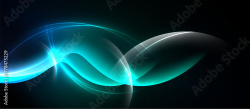 Abstract flowing lines, vibrant turquoise glow, soft white shapes. Dark background creates dramatic visual impact. Elegant design.