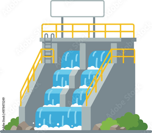 Vector illustration of a small hydroelectric dam with flowing water, featuring spillway structure, railings, and industrial elements in a clean cartoon style.