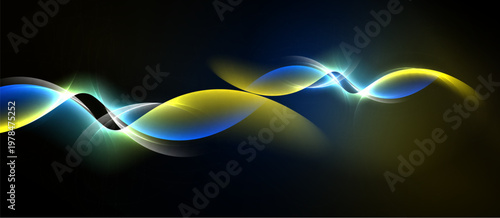 Abstract waves, vibrant blues, yellows glow against dark background. Dynamic light creates flowing energy, modern design.