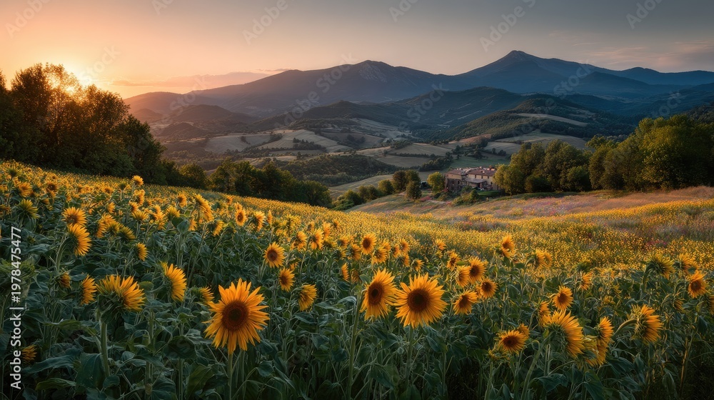 Obraz premium Sunflower Field at Sunset in a Mountain Landscape with Warm Colors
