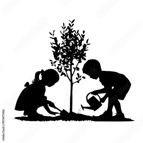 Two children planting and watering a tree in a heartwarming silhouette illustration showing teamwork and care for nature.