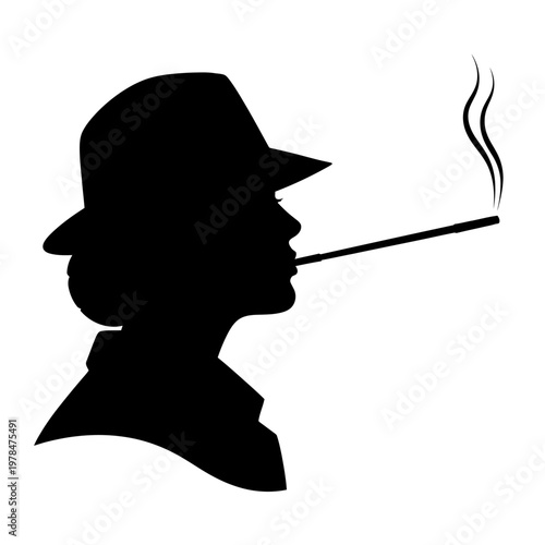 Silhouette of a Woman Smoking with a Hat and Cigarette.