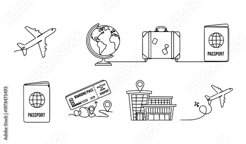 Continuous line air travel icons set with airplane world trip tourism vector illustration