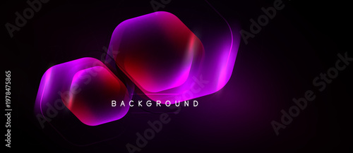 Abstract hexagons overlap, creating vibrant gradients. Dark background emphasizes glowing shapes, modern design element.