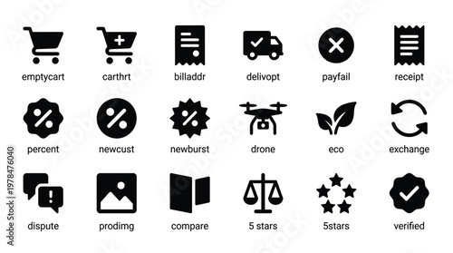Collection of ecommerce icons in black on for business and shopping concepts