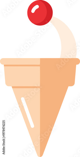 A simple flat design illustration of an ice cream cone with a scoop of vanilla ice cream and a red cherry on top, against a white background.