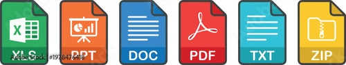Document file format icon set, professional office file extension symbols including pdf doc xls ppt and zip, digital document type graphics on transparent background