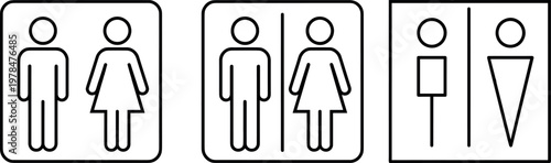 Toilet and restroom sign set, male and female wc icons, bathroom door symbols in outline style, washroom navigation pictograms on transparent background
