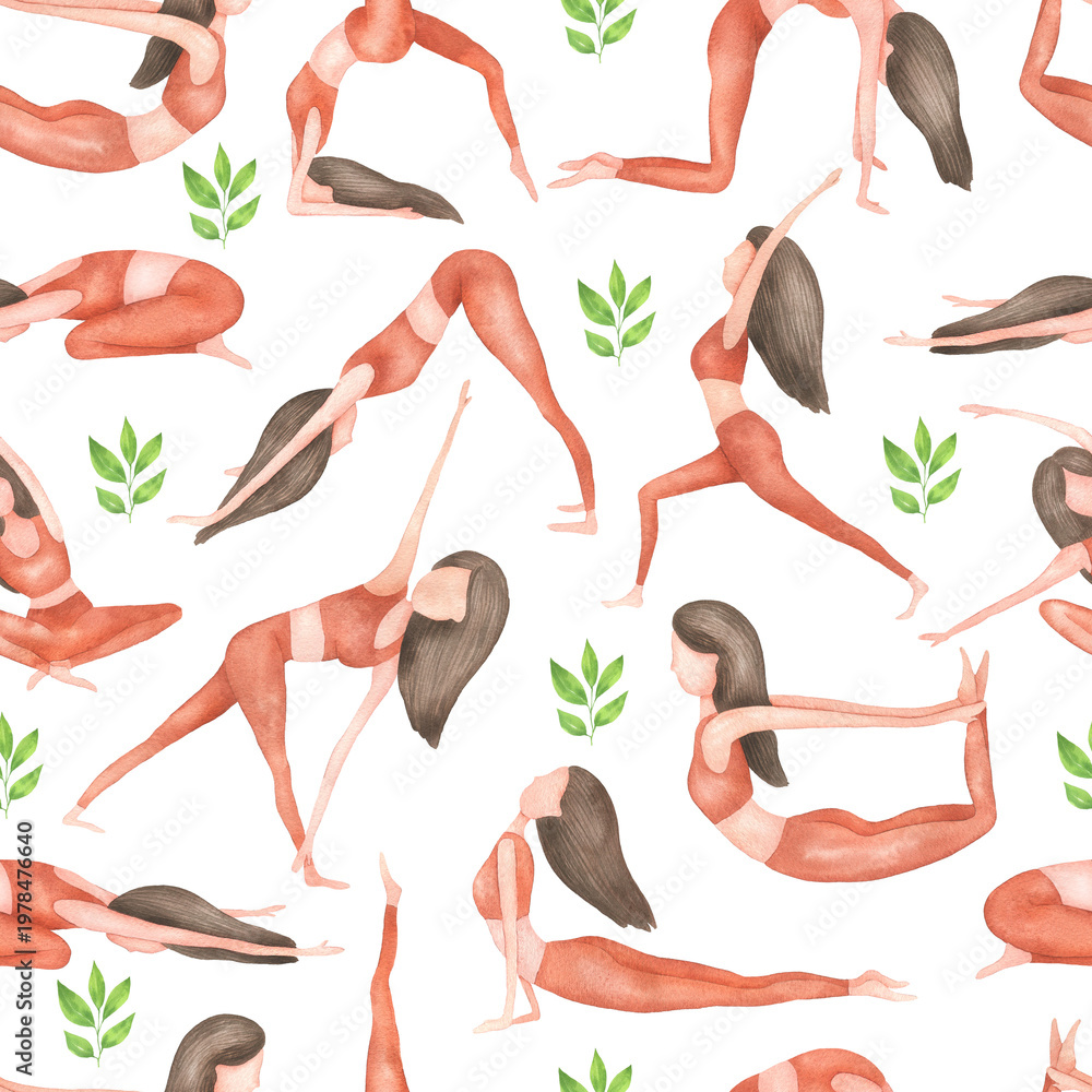 Obraz premium Seamless pattern of yoga poses and green leaves