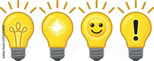 Idea light bulb icon set, creative concept with lamp symbols and smart business solution pictograms, cartoon innovation graphics on transparent background
