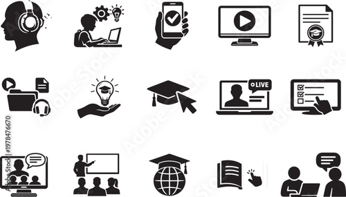 Online education icon set with audio lessons, video tutorials and interactive learning tools.