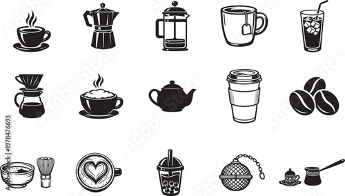 Coffee and tea icon set featuring coffee cup, tea cup and related beverage symbols in vector style.