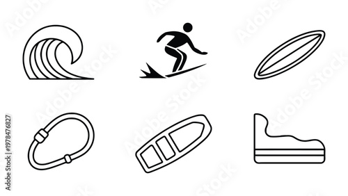 Surf Icons: A collection of sleek and minimalist icons capturing the essence of the surf, from majestic waves and dynamic surfers to the tools of the trade.